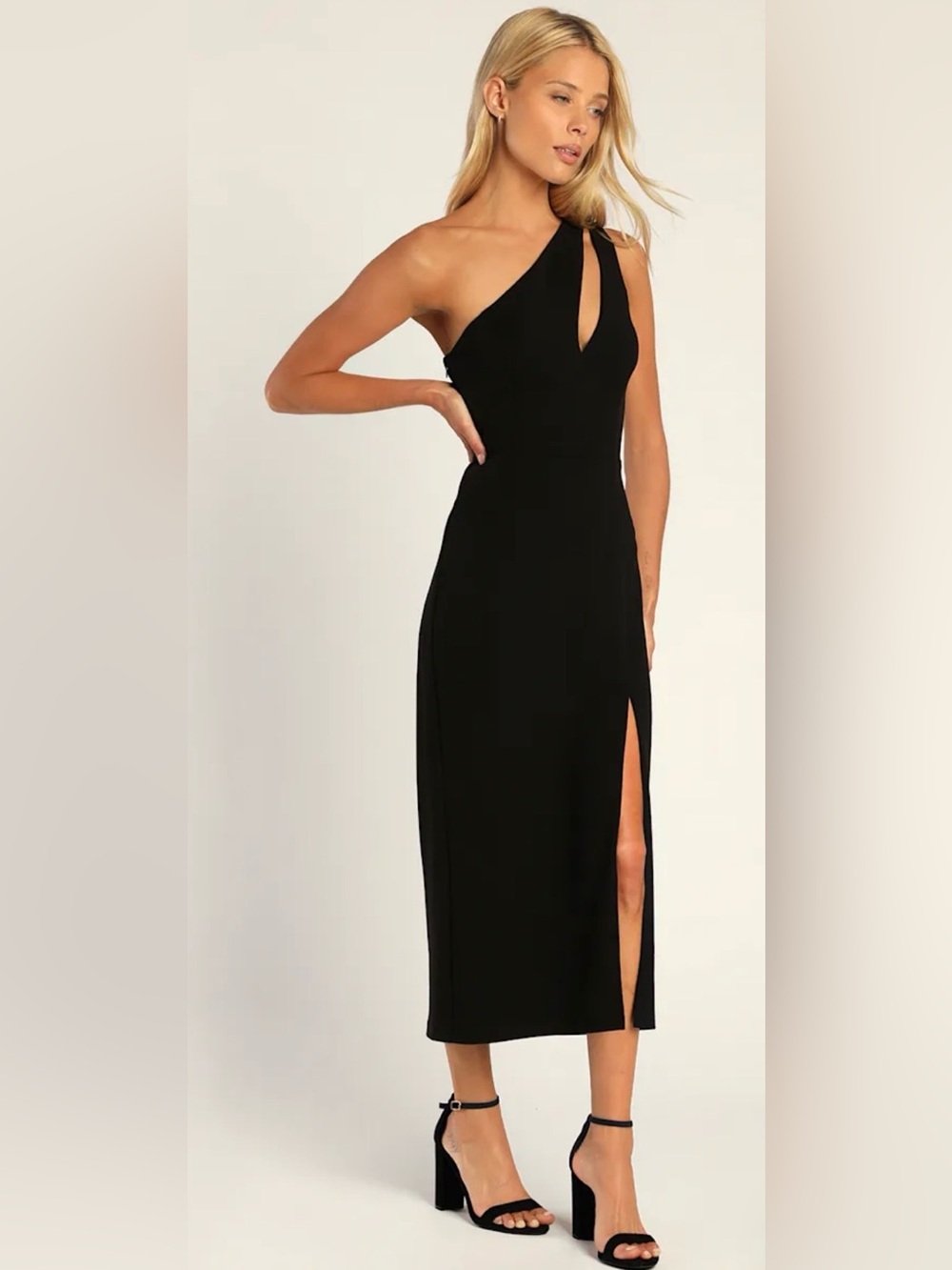 Lulu's black one shoulder midi cocktail dress